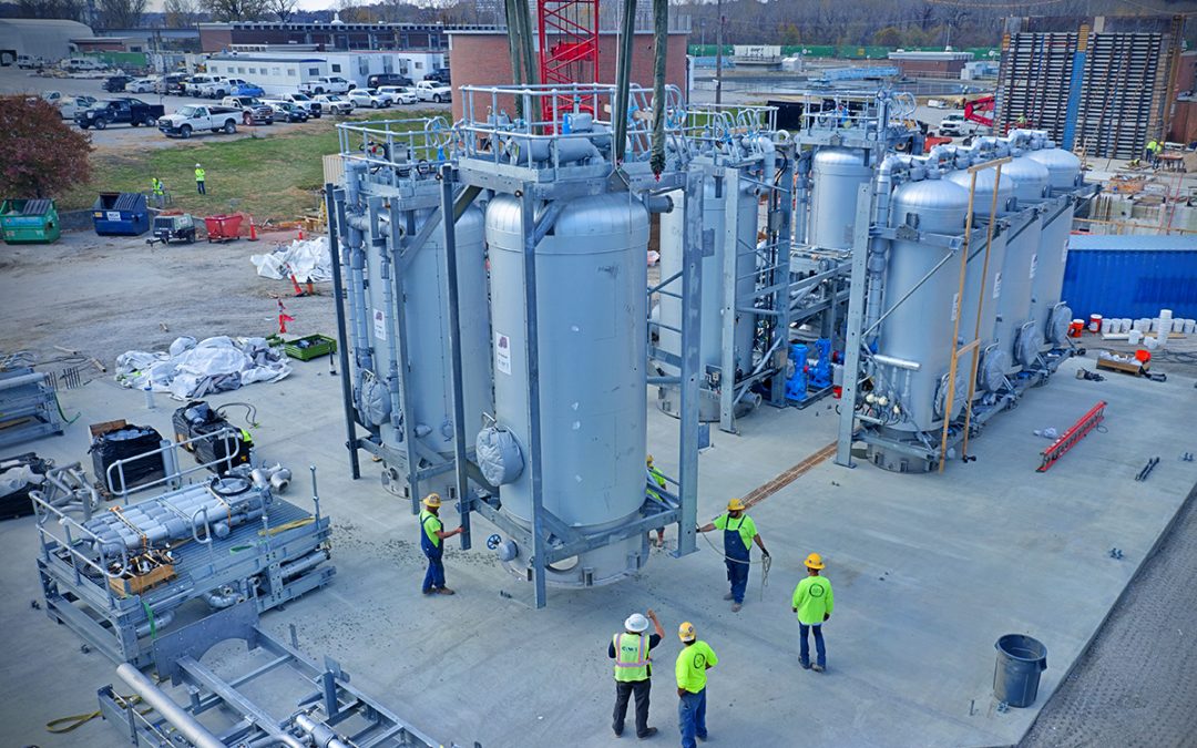 Thermal Hydrolysis Process (THP) equipment arrives on site. The long-anticipated equipment will “pressure cook” human and domestic waste into reusable biosolids. Photo courtesy of JCI.