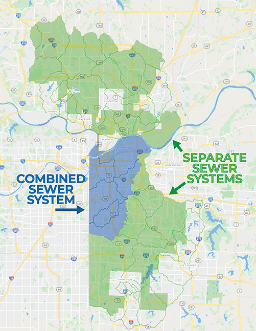 KC Wastewater Division by the numbers and a map of the combined and separate sewer systems.