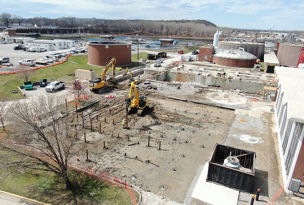 Aerial view of progress being made on helical pile installation.