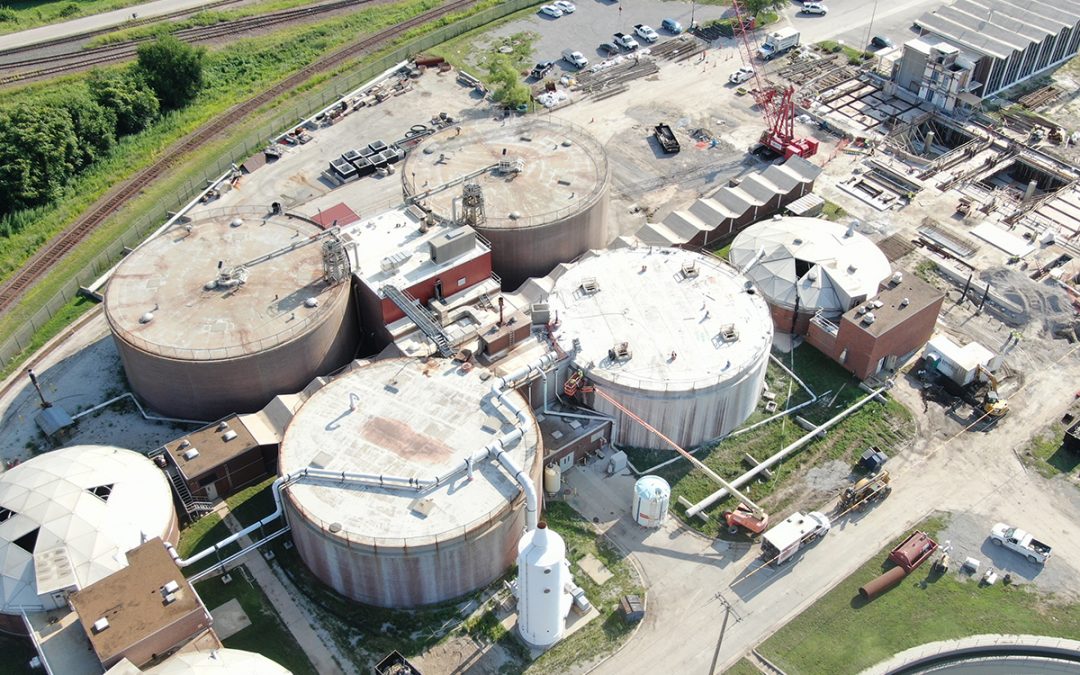 Aerial view of construction progress at the Blue River Wastewater Treatment Plant.